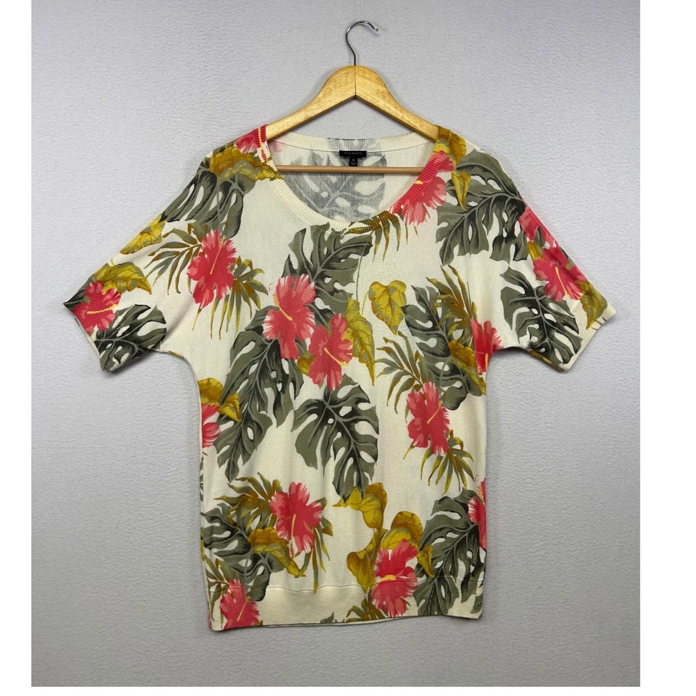 Tropical Floral Island Talbots Womens Medium Ivory Pink Short Sleeve Sweater